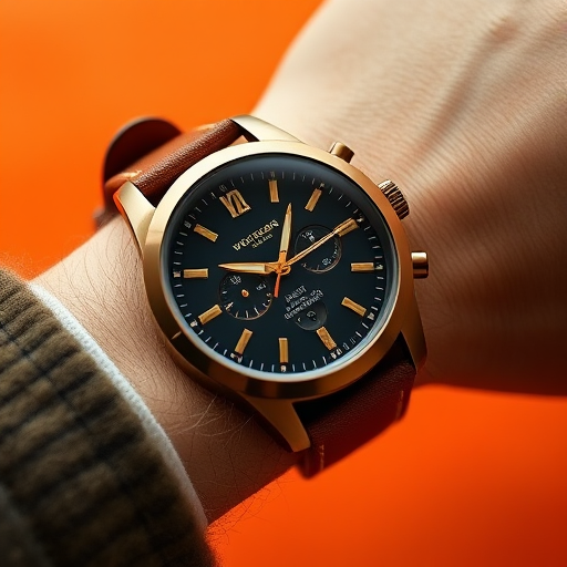A close-up shot of a stylish brown wristwatch on a person's wrist with an orange background, using a DSLR camera with a 50mm lens, aperture set to f/2.8, ISO 100, shutter speed 1/200, natural lighting for enhanced detail and clarity.