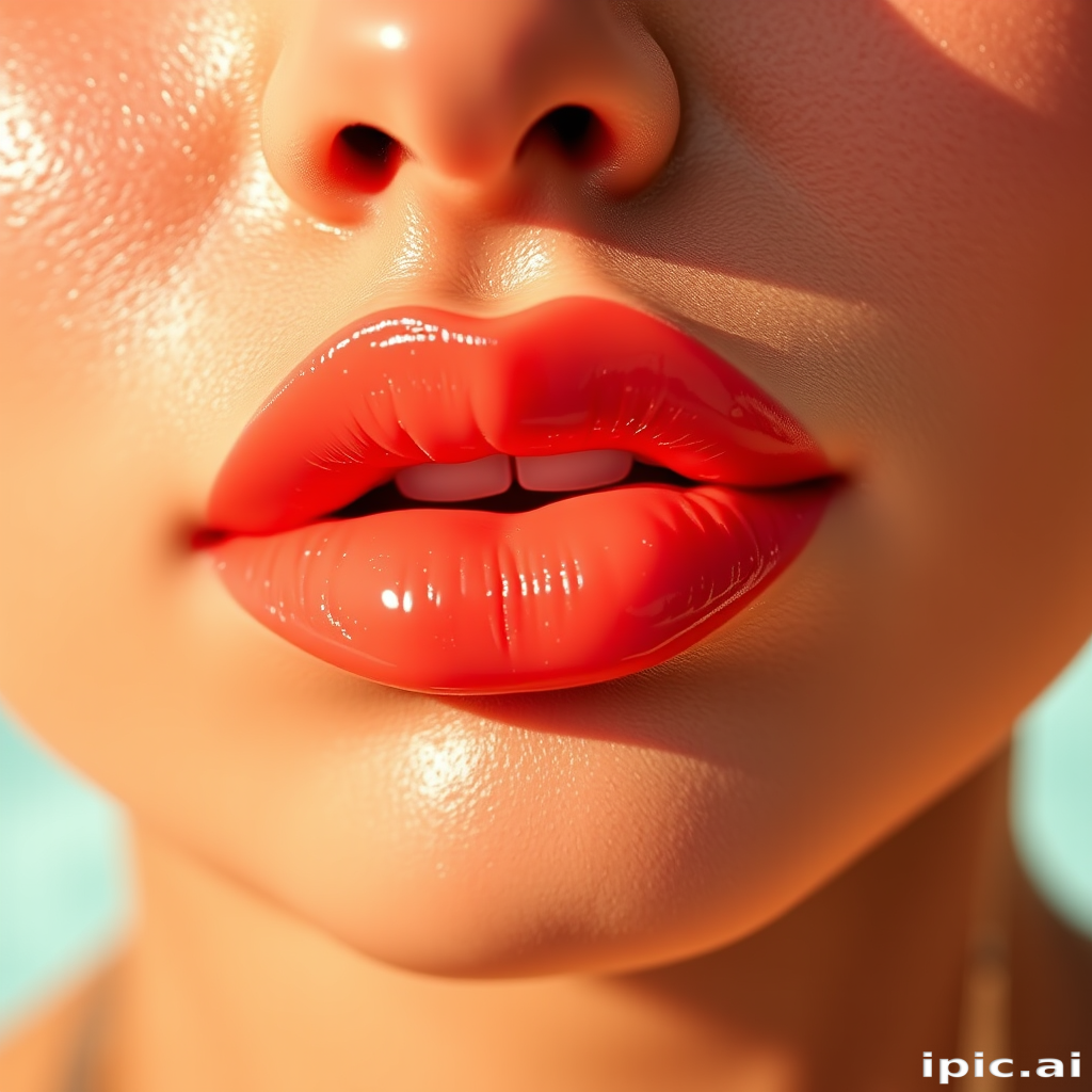 Luscious "Coral Sunrise" lips featuring a glossy peach-tinted hue, perfectly hydrated and subtly lined, capturing the essence of a tropical paradise