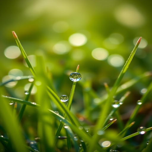macro shot of dewdrops on green grass with a blurred background, aperture f/2.8, shutter speed 1/200 sec, ISO 100, 100mm lens, natural lighting, DSLR camera