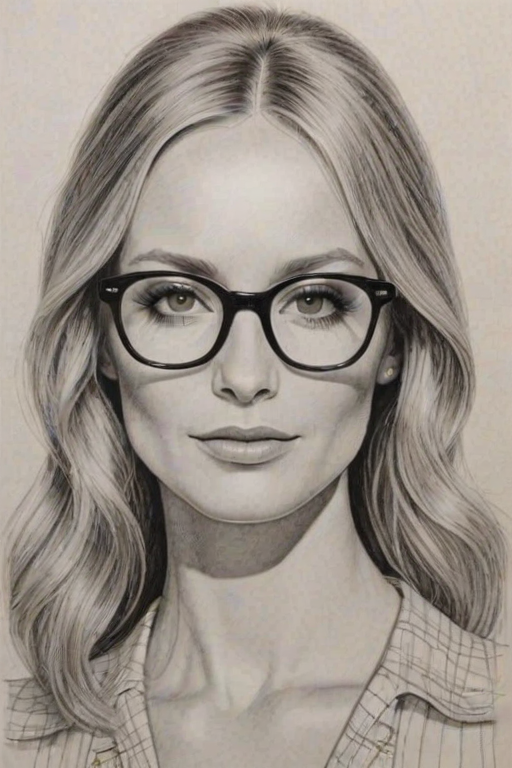 Exquisite Joanne Froggatt, pencil sketch, portrait of Ravishing woman 1970s in glasses, hair style beatnik, outline, clear lines, fine lines, 8k