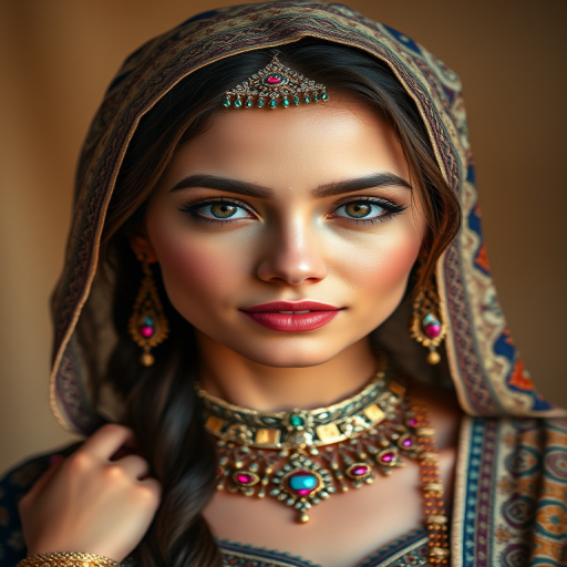 Create a portrait of a beautiful woman with striking hazel eyes and a gentle expression. She is adorned in traditional attire with intricate patterns, including a richly embroidered headscarf and matching garments. Her jewelry includes a delicate headpiece, dangling earrings, and ornate bracelets, all featuring vibrant gemstones and detailed metalwork. The background is soft and warm, enhancing the rich colors of her outfit and jewelry.