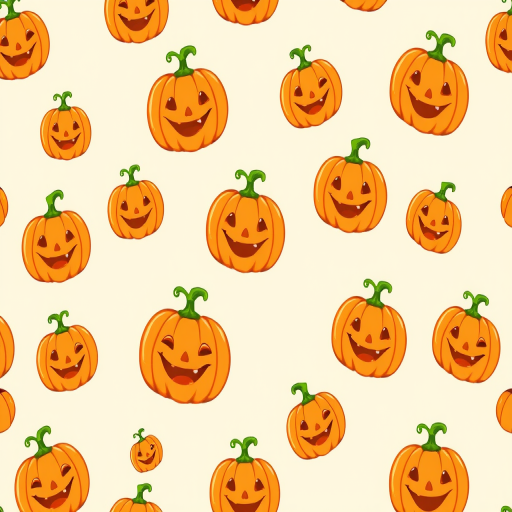 Create a pattern featuring cartoon-style pumpkins with smiling and mischievous expressions scattered evenly on a light beige background. The pumpkins should be bright orange with green stems and should vary slightly in size and orientation.