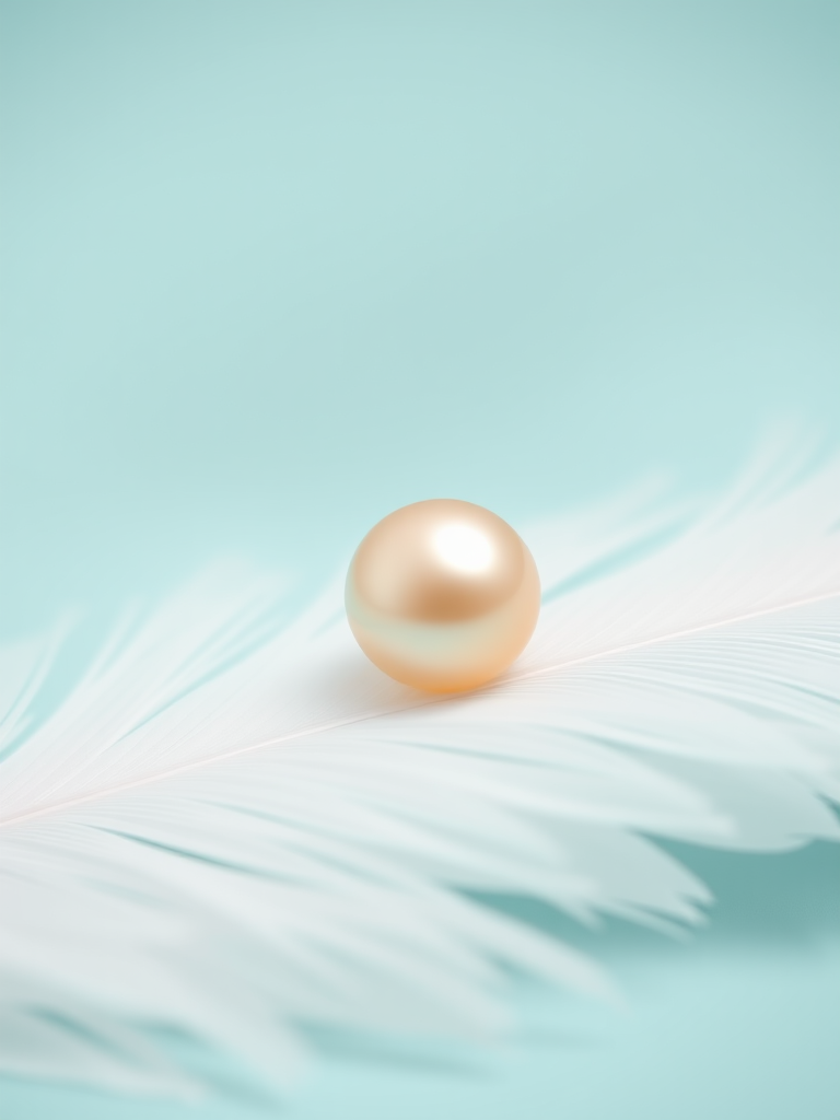 a soft-focus image of a shimmering pearl resting on a delicate white feather with a light turquoise background, capture with a DSLR camera at f/2.8, shutter speed 1/125s, ISO 100, using a 50mm lens for a dreamy effect and shallow depth of field.