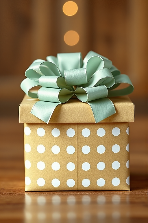 Create a highly detailed illustration of a gift box with a large bow on top, featuring a polka dot design, using a DSLR camera with a 50mm lens, aperture set to f/2.8 for shallow depth of field, ISO 100, and a soft natural lighting setup to enhance the colors and textures of the wrapping paper.
