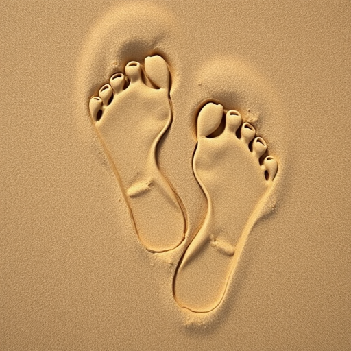 Generate a high-resolution image of two human footprints over a textured sand background, using a DSLR camera with a 50mm lens, aperture set to f/2.8 for shallow depth of field, ISO 100 for clarity, and a slight overhead angle for emphasis on the footprints.