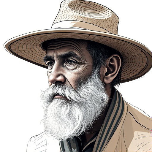 Create a high-resolution sketch of an old man with a thick beard and a wide-brimmed hat, using a Canon EOS R camera with a 50mm f/1.8 lens, at ISO 100, aperture at f/4, shutter speed at 1/200s, in soft natural lighting with a focus on facial details, capturing a side profile view in a minimalist style.
