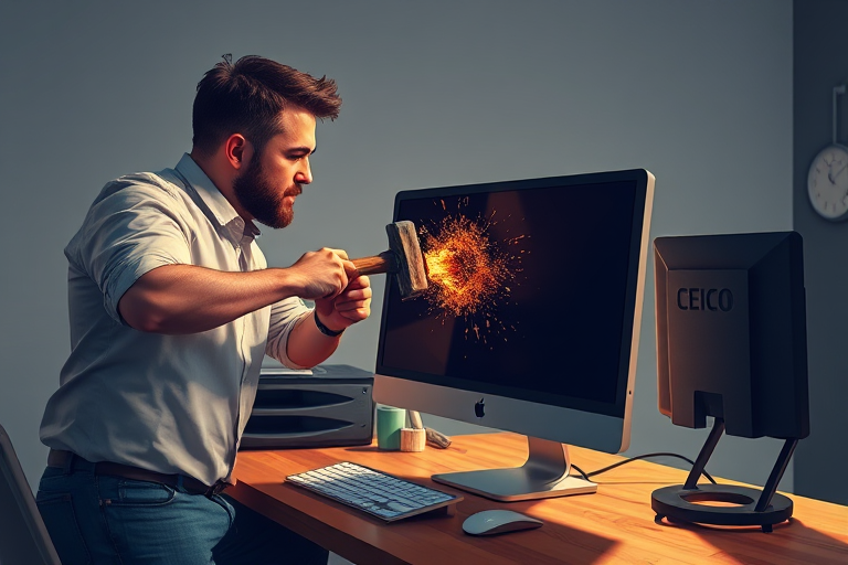 Generate an illustration of a man with a hammer striking a computer monitor on a wooden desk, with high detail and vibrant colors, using a Canon EOS R5 with a 24mm lens, f/1.8 aperture, ISO 100, in a studio setting with soft lighting to enhance clarity and contrast.