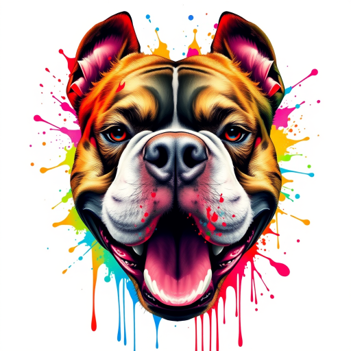 Create a hyper-detailed splash art of an American Bully dog's head on a clean white background. The design should include vibrant color splashes and drips in complementary colors, focusing on the tongue and eyes, expressive features and intricate contours. The dog's expression should be intense, almost roaring, and the overall composition should be different positions, feel fantastic and dynamic, as if a part of a digital fantasy artwork would be rendered in an 8k resolution, inspired by a mix of oil painting techniques and a stylized, epic Instagram aesthetic.