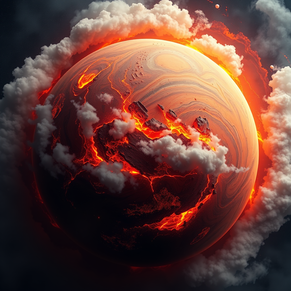 Ultra-detailed planet with fiery lava and swirling clouds, captured with a Canon EOS R5, 24mm lens, f/8 aperture, ISO 100, 1/250s shutter speed, top-down view, high dynamic range, vibrant colors, and realistic textures.