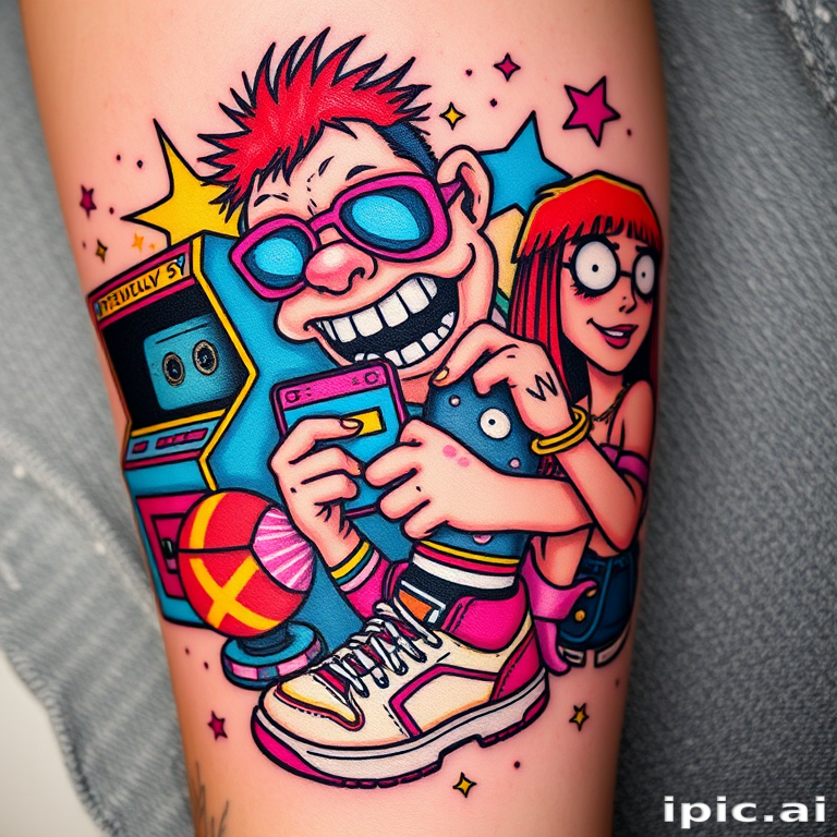 New school tattoo named "Neon Nostalgia" featuring exaggerated, cartoonish characters and bold, vibrant colors reminiscent of 1990s pop culture, with elements such as arcade games, cassette tapes, and retro sneakers combined in a playful and energetic composition, ideal for those who want to pay homage to their childhood memories and favorite cultural icons.