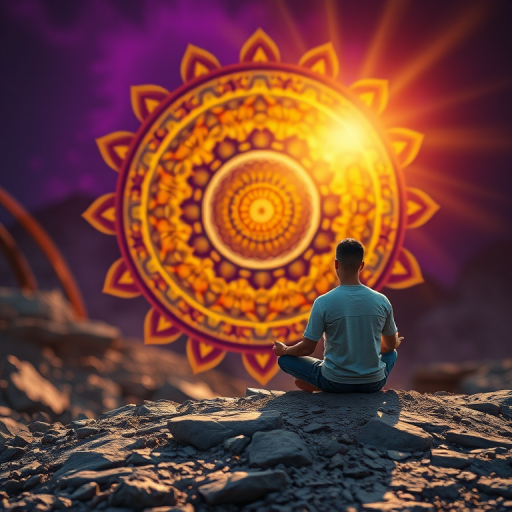 Create an artistic depiction of a person sitting cross-legged on a rocky surface, gazing at a large circular mandala emitting colorful rays, with vibrant hues of purple, gold, and orange in the background, using a DSLR camera with a 50mm lens, aperture f/1.8, ISO 200, and a soft focus effect for enhanced depth.