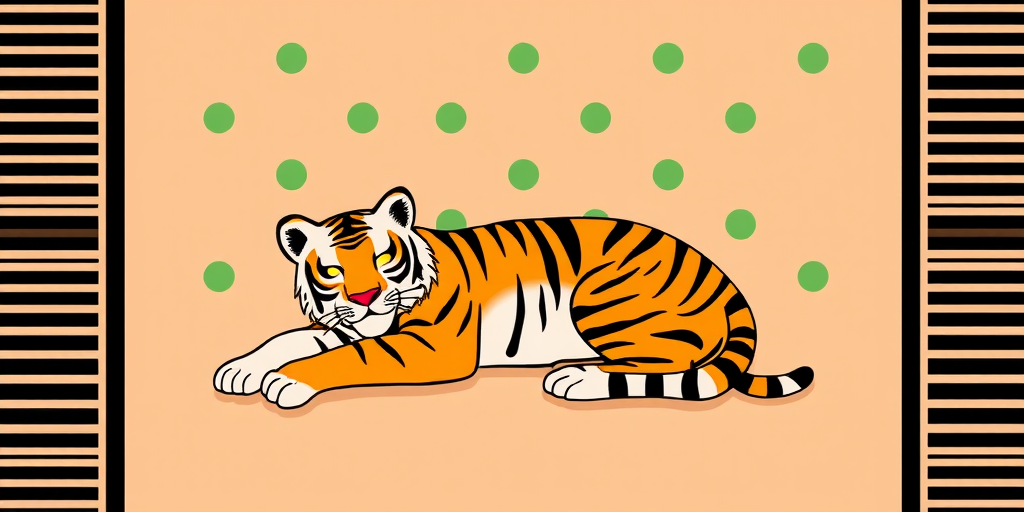 Illustration of a stylized tiger lying down against a soft peach background with green polka dots and a black striped border, captured with a Canon EOS R5, 50mm lens, f/2.8, ISO 100, 1/250s, top-down view, vibrant colors and clean lines, digital art style.