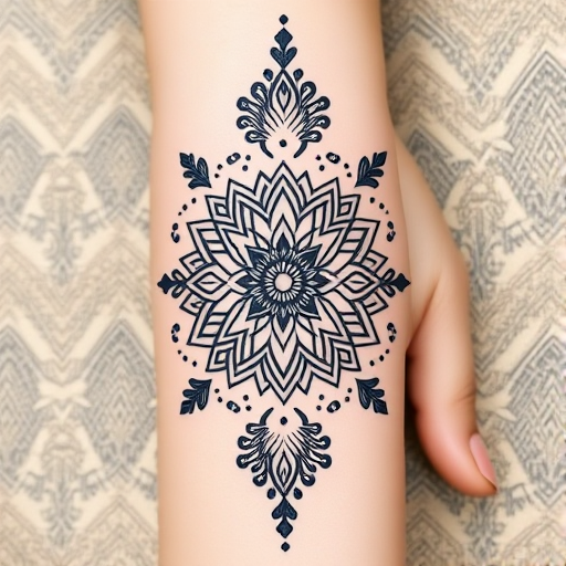 Ornamental blackwork tattoo called "Mehndi Fusion" combining traditional henna patterns with geometric elements and dotwork shading for a modern twist on ancient art