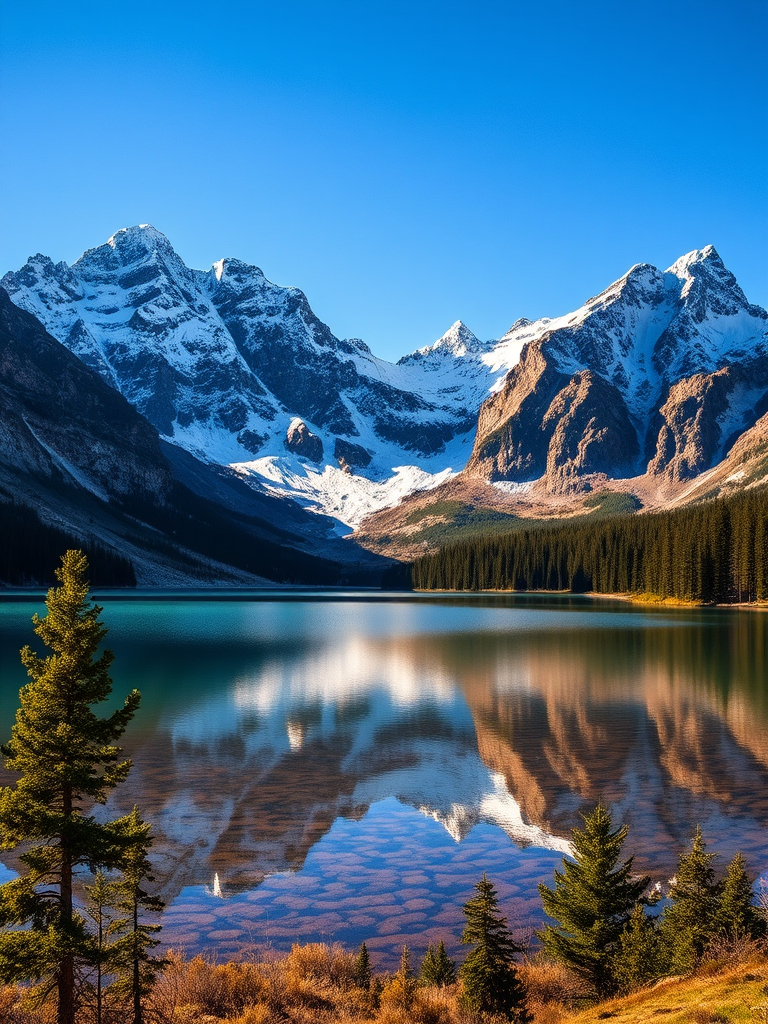 capture a beautiful landscape of snow-capped mountains with a reflective lake in the foreground during clear blue skies, using a DSLR camera with a wide-angle lens, aperture set to f/8, ISO 100, shutter speed of 1/200s, at sunrise for warm lighting and enhanced colors.