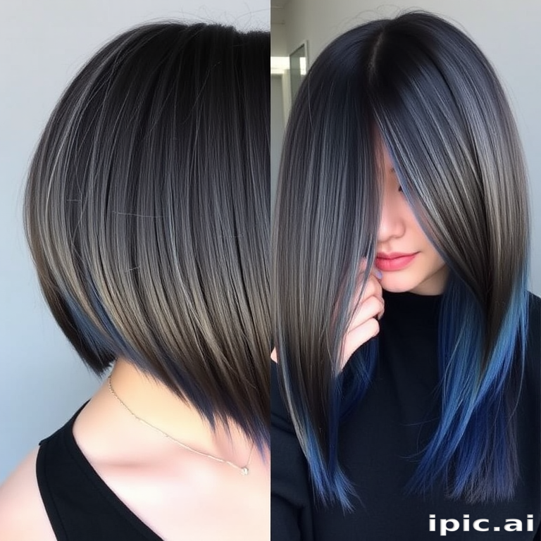 Smoky grey ombre hair transitioning to steel blue tips, styled in a sleek and straight lob with a deep side part, creating a sophisticated and edgy look called Twilight Horizon