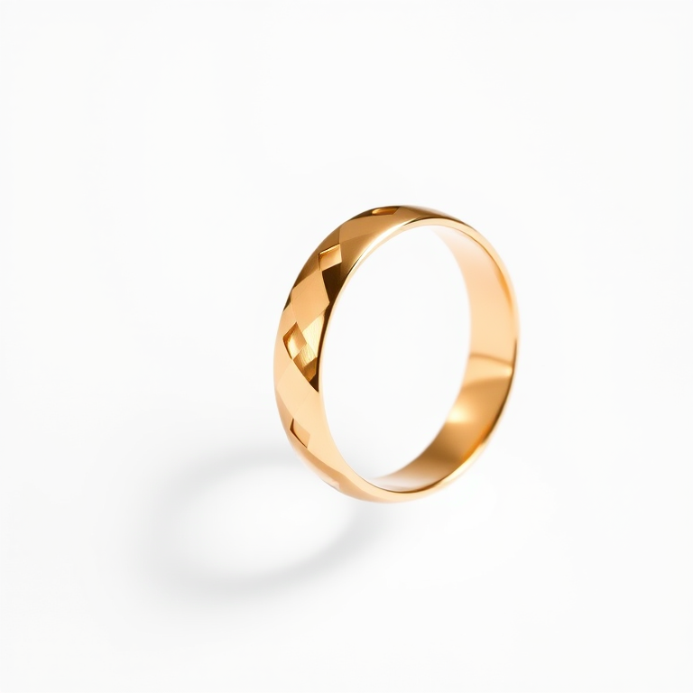 Create a high-resolution image of a golden wedding band floating in mid-air with a clean white background, using a professional DSLR camera with a 50mm lens, aperture set to f/2.8 for a shallow depth of field, ISO 100 for maximum clarity, and soft diffused lighting for an elegant effect.