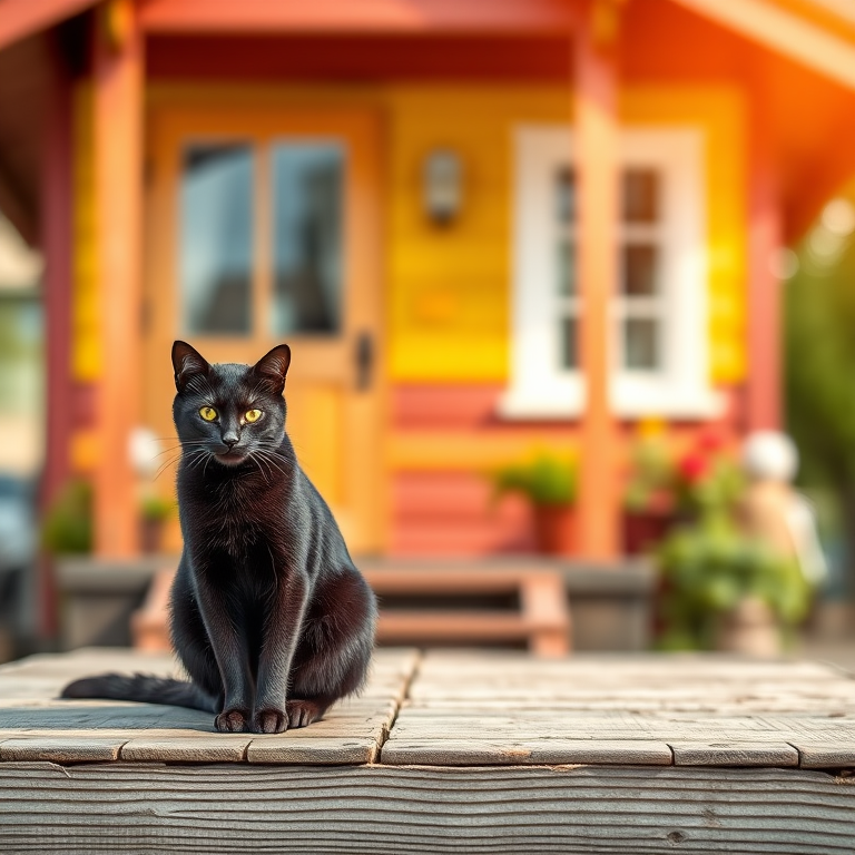 black cat sitting on a wooden platform in front of a colorful house, soft focus background, bright natural light, f/2.8 aperture, 50mm lens, shallow depth of field, DSLR camera
