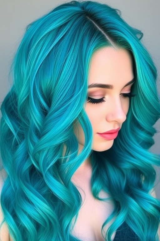 Vivid teal hair color styled in mermaid waves with subtle silver accents, the Ocean Siren style embodies mystical beauty and underwater enchantment