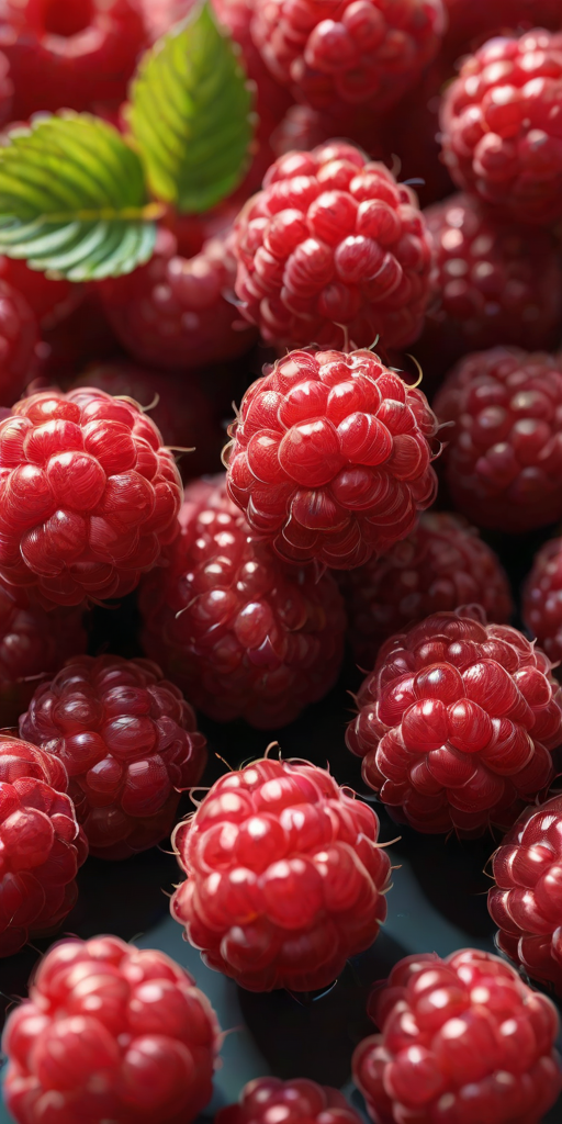 create a 3D rendering of a cluster of shiny red raspberries, emphasizing their round shape and vibrant color with a smooth texture and detailed lighting effects