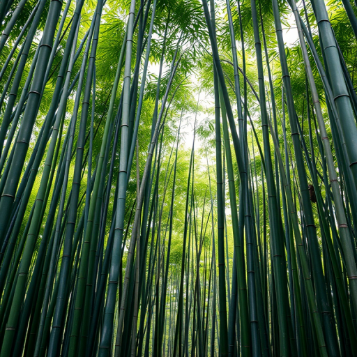 Create a high-resolution image of a dense bamboo forest with tall green and gray bamboo stalks, using a Canon EOS R5, 50mm lens, aperture f/1.8, ISO 100, in natural soft lighting from a slightly elevated viewpoint for depth and perspective.