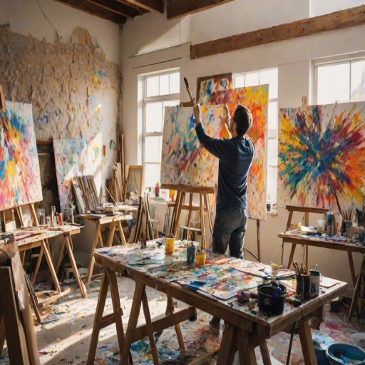 Artistic studio filled with canvases, a painter passionately working on a large piece, bright colors splattered everywhere, and sunlight illuminating the creative chaos.
