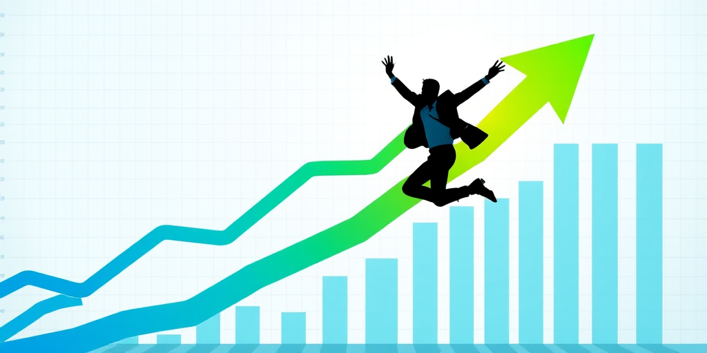 Create an image of a dynamic marketing concept featuring a silhouette of a jumping businessman with vibrant arrows in blue and green shades, incorporating an upward graph background, captured with a DSLR camera at f/2.8 aperture, ISO 100, 24mm lens, shot from a slightly low angle to enhance the sense of elevation and energy.