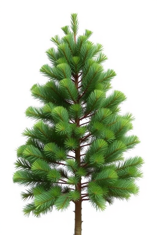 Regenerate a stylized green pine tree against a transparent background, using a DSLR camera with an aperture of f/4, focal length of 50mm, ISO 100, and a shallow depth of field for a clean look.