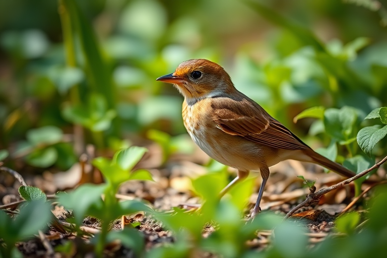Capture a close-up shot of a small brown bird standing on the ground amidst green foliage, with soft natural lighting, using a Canon EOS 5D Mark IV, ISO 400, aperture f/4, shutter speed 1/250 sec, 85mm lens, focus on the bird with a blurred background for depth.