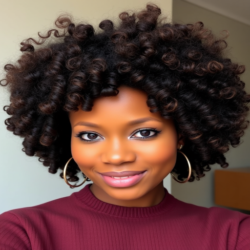 Luxurious chocolate brown curls with caramel highlights styled in a voluminous afro, showcasing natural texture called "Cocoa Crown" embracing heritage and beauty
