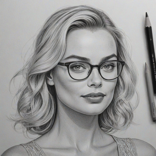 Bewitching Margot Robbie, pencil sketch, portrait of Delightful woman 1936s in glasses, hair style beatnik, outline, clear lines, fine lines, 8k