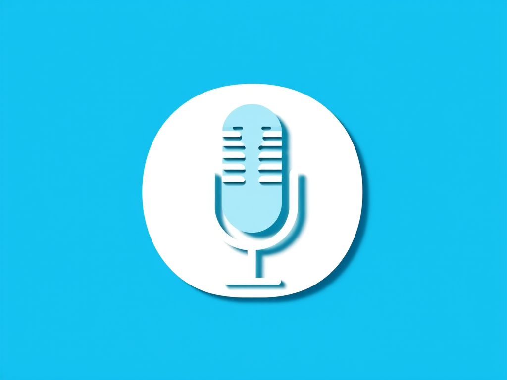 Create a detailed graphic of a microphone icon on a solid blue background, using a high-resolution camera at f/4 aperture, 50mm lens, with soft natural lighting and a slight drop shadow effect for depth.