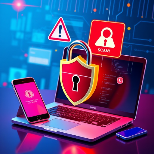 create an illustration depicting a digital security theme with elements such as a smartphone, laptop, scam alert symbols, and a lock with a broken shield, utilizing a vibrant color palette, shot in a high-resolution digital format, with a 50mm lens, f/8 aperture, and a bright studio lighting setup to enhance clarity and detail