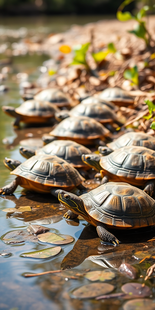 Capture a close-up of a group of turtles basking on the riverbank with shallow water reflections, using a DSLR camera with a 50mm lens at f/2.8 for a shallow depth of field, ISO 200, shutter speed 1/500s, in natural sunlight to enhance the colors and details of the turtles and surrounding foliage.