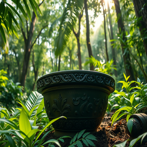 ancient ornate pot surrounded by lush green jungle foliage with soft sunlight filtering through the trees, shot with a Canon EOS R5, 24mm lens at f/2.8, ISO 100, 1/125 sec, low angle view for dramatic effect, HDR style for enhanced detail and color vibrancy