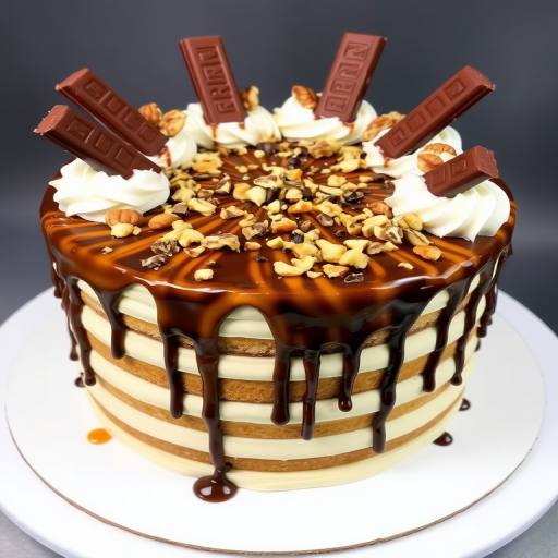 Create a mouthwatering dessert cake featuring layers of creamy frosting topped with chocolate and caramel drizzles adorned with chopped nuts and chocolate bars placed artistically around the edges showcasing a rich and indulgent appearance.