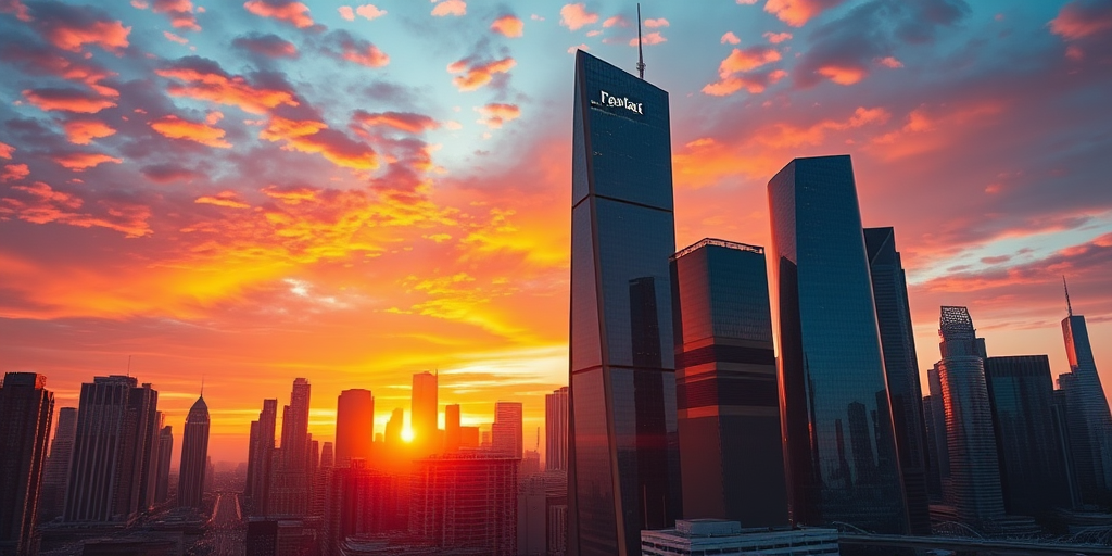 Generate an image of a futuristic city skyline at sunset, with vibrant colors reflecting off glass skyscrapers, wide-angle view, ISO 200, f/11, 1/100s, using a DSLR camera.