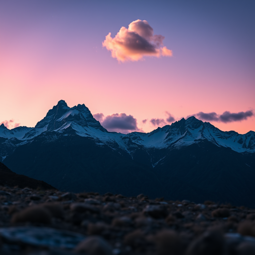 Regenerate a stylized landscape featuring mountains with snow caps under a twilight sky, include fluffy white clouds, create a sense of depth with foreground details, use a DSLR camera, aperture f/8, ISO 100, 24mm lens, shot from a low angle with a wide perspective.
