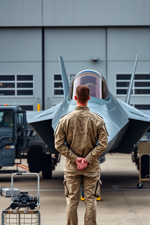 This photograph captures a military F-22 fighter jet on a tarmac, with a personnel in the background. The F-22, painted in a dark gray color, dominates the scene, showcasing its sleek, angular design and advanced stealth capabilities. The cockpit canopy is transparent, allowing a glimpse of the pilot inside, who is dressed in a dark green flight suit. In the foreground, a military personnel, dressed in a light brown and beige camouflage uniform, stands with their back to the camera, hands clasped behind their back. This individual appears to be in a relaxed stance, possibly waiting or observing the aircraft. To the left of the image, a gray maintenance truck is parked, with various equipment and tools scattered around it. The background features a large, industrial-style hangar with a gray and white color scheme, featuring several large doors and windows. The overall atmosphere is one of a military airbase or maintenance facility, with a focus on the F-22 and the personnel involved in its operation.