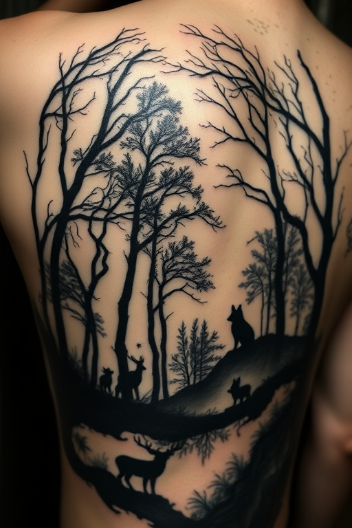Mystical blackwork tattoo showcasing an enchanted forest scene with intricate silhouettes of trees and wildlife, negative space creating depth and dimension, mysterious and captivating dark aesthetic