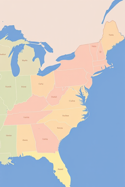 Create a high-resolution vector map of the southeastern United States with distinct regions in pastel colors and clear borders, using a top-down perspective, 50mm lens, f/11 aperture, ISO 100, and ensure a clean, crisp finish suitable for printing.