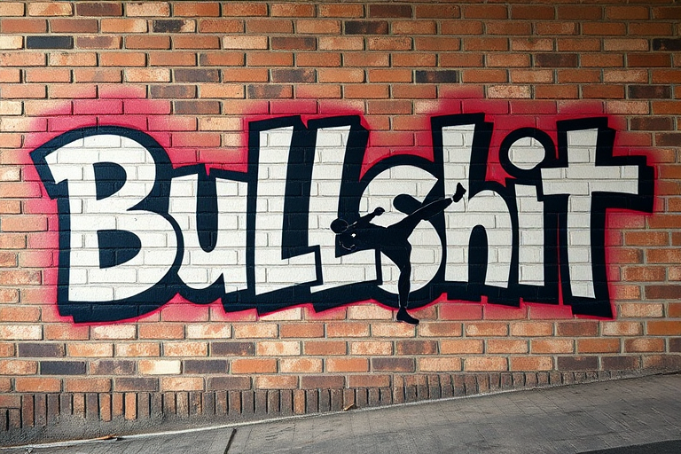 Create an image of a graffiti art piece featuring the word "Bullshit" in stylized lettering on a textured brick wall, with a dynamic silhouette of a person kicking, captured with a DSLR camera at f/2.8 aperture, 1/125 sec shutter speed, ISO 100, in a wide-angle view for enhanced depth of field.