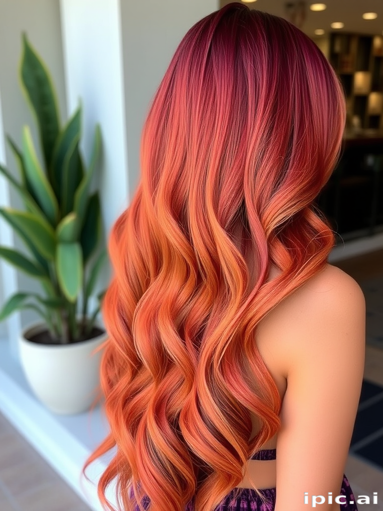 Radiant copper-red mermaid waves flowing past the waist, crafted by Autumn Ember, exhibiting a gradient effect from deep burgundy to bright tangerine, enhanced with subtle rose gold balayage and beachy textures