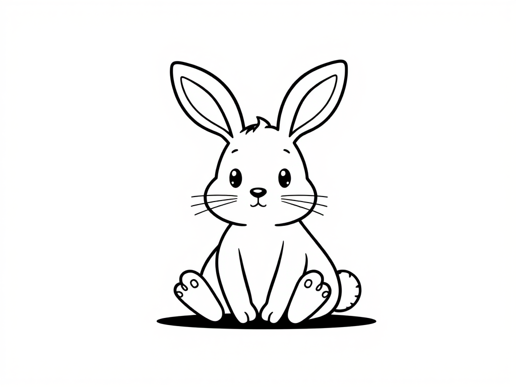 Create a cute cartoon bunny with a round body and small ears sitting down its face should have a simple expression with small eyes and a tiny mouth the outline should be bold and black on a white background