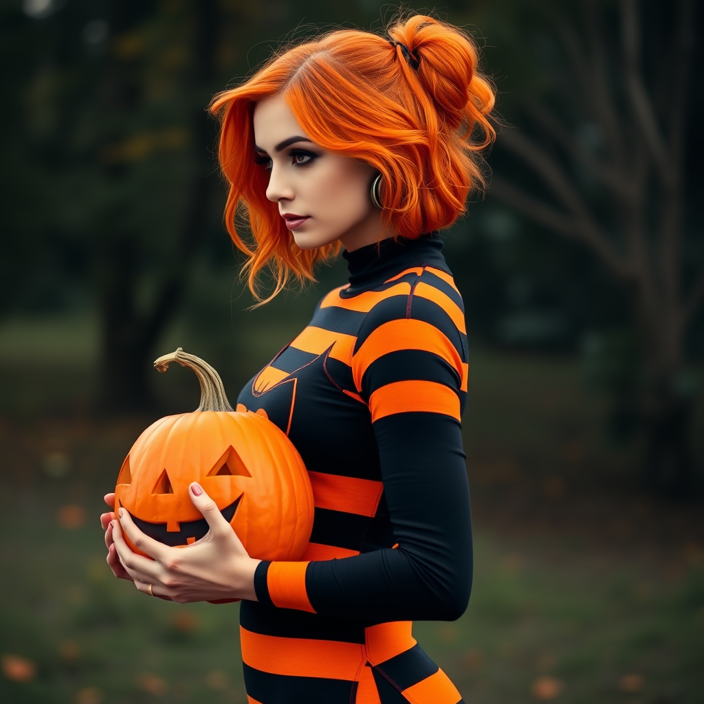 beautiful woman in orange and black Halloween colors, stripes. striking. pumpkin on shirt. I'm orange hair. full body. side shot holding pumpkin