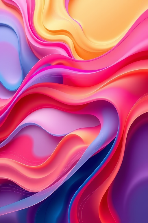 Create an abstract design featuring flowing lines and shapes in vibrant colors, shot with a DSLR camera at f/8, ISO 100, with a shallow depth of field and a top-down view to enhance details and texture.