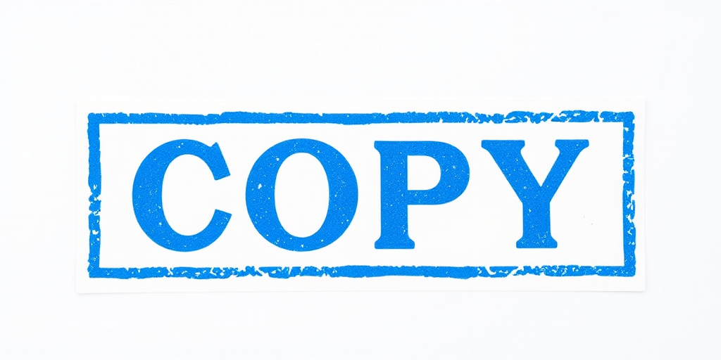 Create an image of a blue rectangular stamp with the word "COPY" in a bold, clear font, captured with a 50mm lens at f/2.8, ISO 100, with a soft focus background in a top-down view, using a DSLR camera for high resolution.