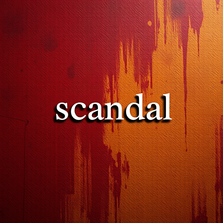 Create an abstract digital image with the word "scandal" in modern typography centered, using a textured background of dark reds, yellows, and browns; camera settings: aperture f/5.6, ISO 200, shutter speed 1/125s; camera view: top-down, camera style: minimalist, camera type: digital DSLR.