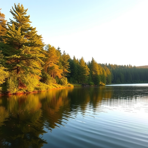 Create an image of a serene landscape featuring a tranquil lake surrounded by lush green trees, captured with a Canon EOS R5, 24mm lens, f/8 aperture, ISO 100, golden hour lighting, with a focus on vibrant colors and high detail.
