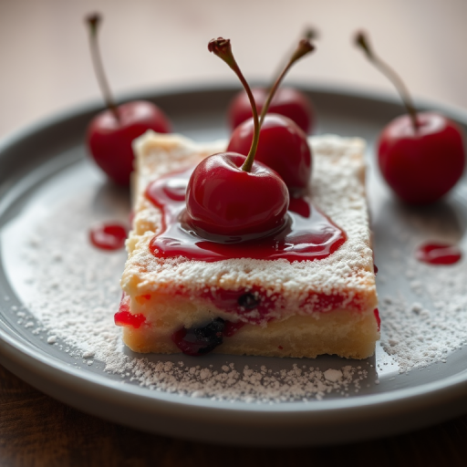 capture a close-up of a square dessert with cherries on a gray plate, sprinkled with powdered sugar, shallow depth of field, ISO 100, f/2.8, 50mm lens, natural light, macro view, DSLR camera