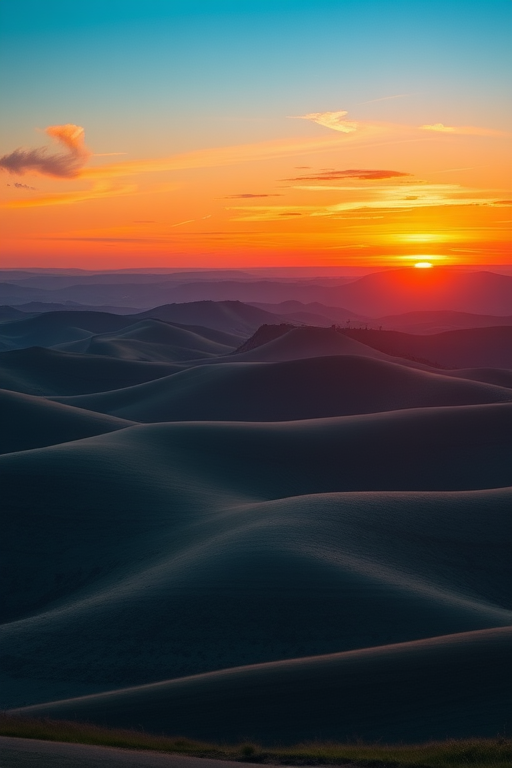 Generate a high-resolution image of a serene landscape featuring rolling hills and a vibrant sunset, captured with a Canon EOS R5 at f/8, ISO 100, 1/250 sec, wide-angle view, using a landscape photography style.